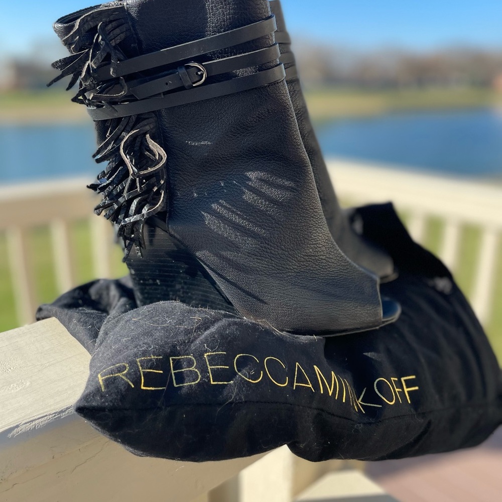 REBECCA MINKOFF STEVIE BLACK LEATHER FRINGE PEEP TOE WEDGE ANKLE BOOTS Size 10